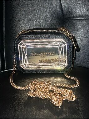 Karl Lagerfeld Black Crossbody Bag with Gold Chain and Crystal Plaque